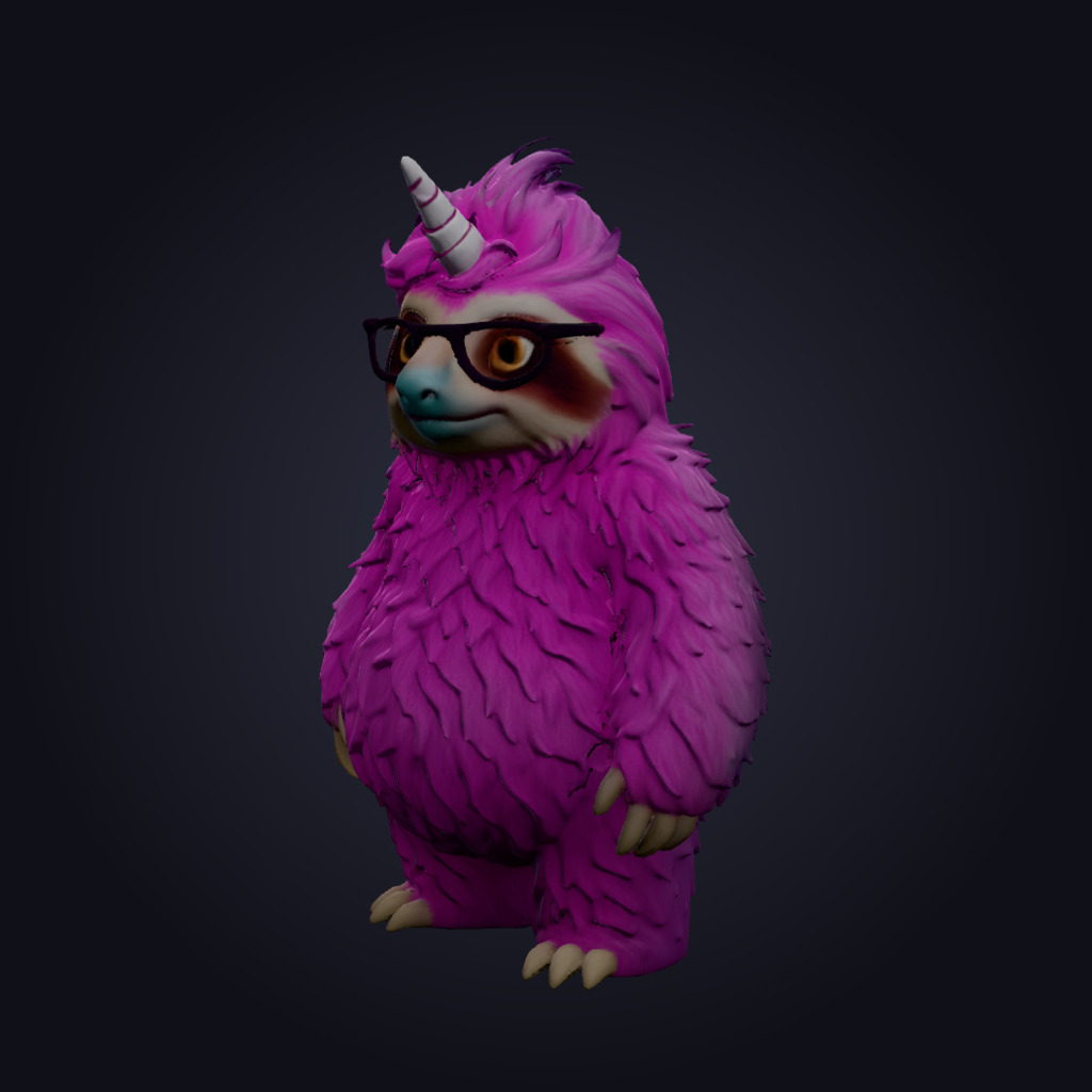 A textured 3D model of Sogni's pink sloth-unicorn mascot, reconstructed by Pixal3D from a single photograph and rendered under studio lighting