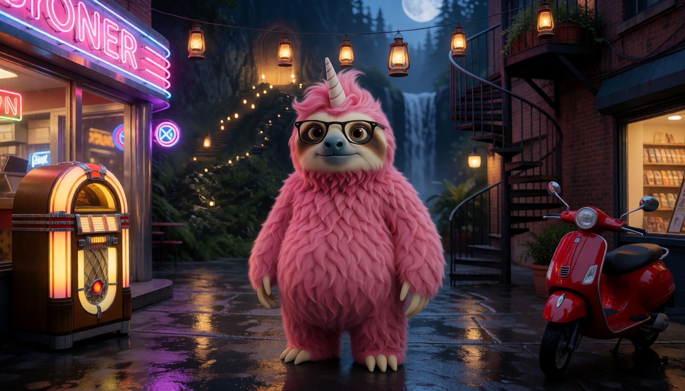 A neon-lit alley outside a diner at night with a pink sloth-unicorn standing in the middle of the frame, a jukebox on the left and a red scooter on the right