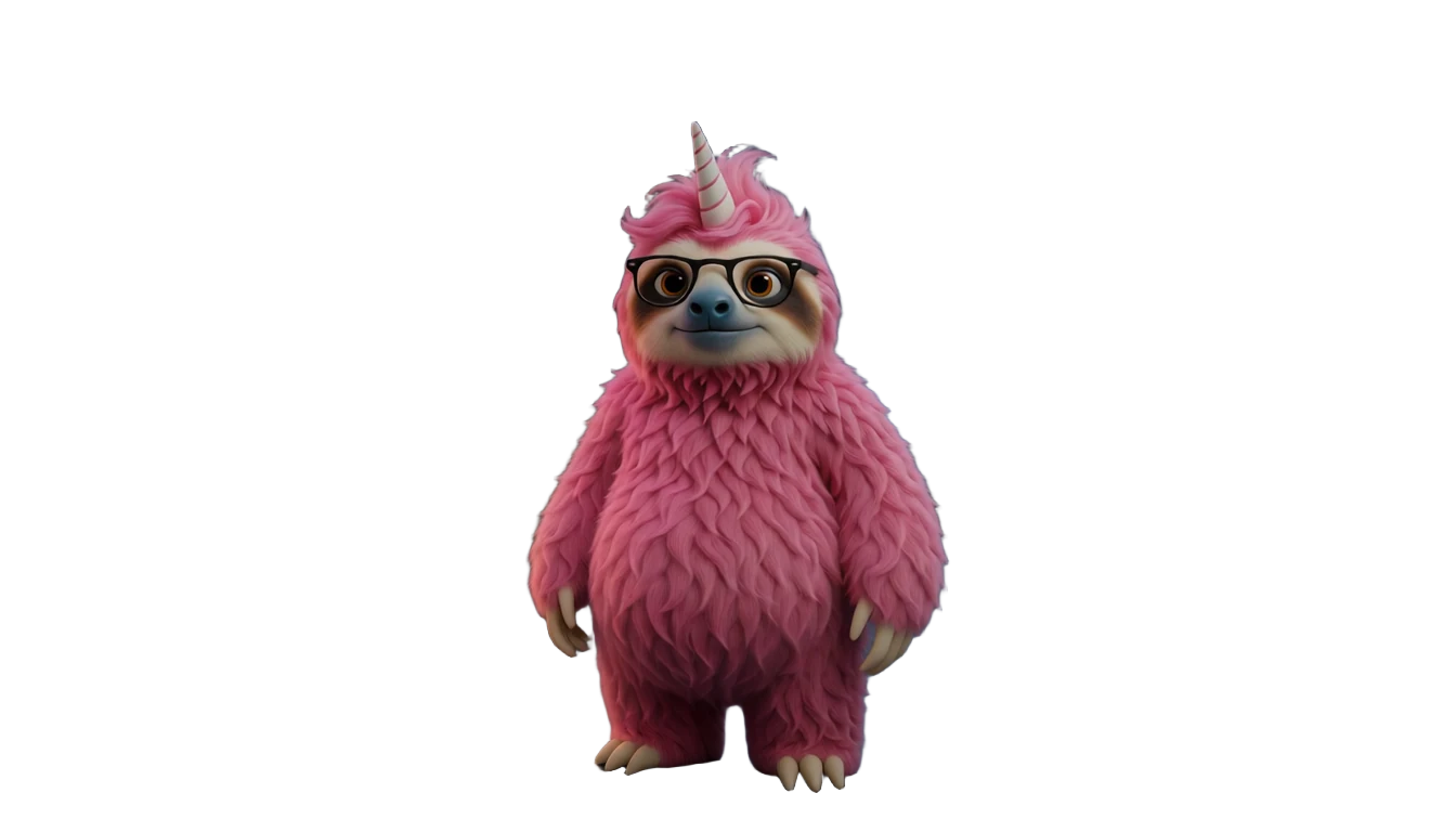 The same pink sloth-unicorn with the alley removed, standing alone on a transparent background