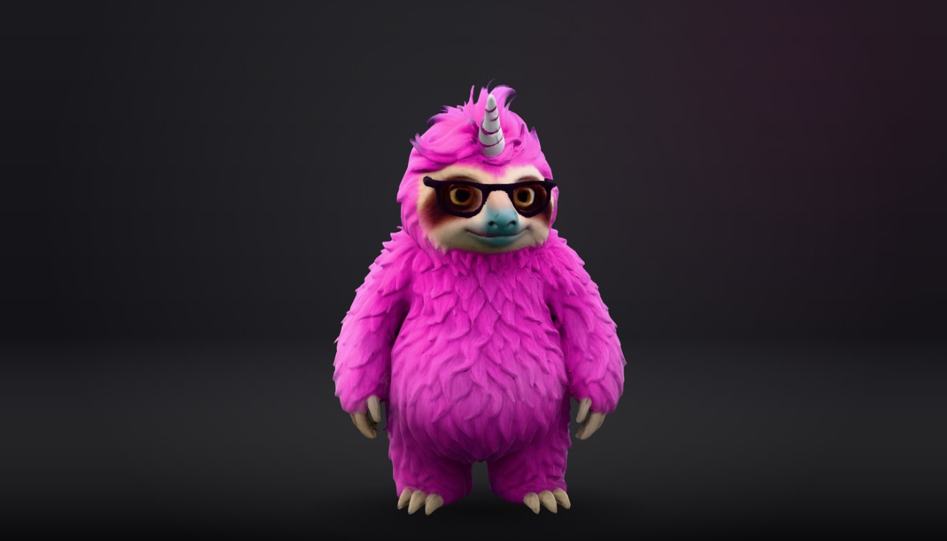 The pink sloth-unicorn rebuilt as a textured 3D model, lit from three quarters against a dark studio backdrop