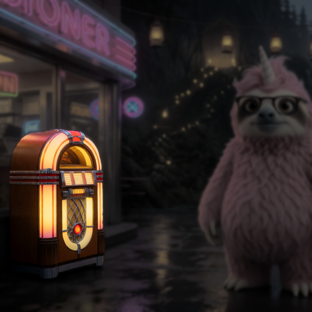 A neon-lit alley outside a diner with the jukebox picked out by SAM 3 and the rest of the scene dimmed