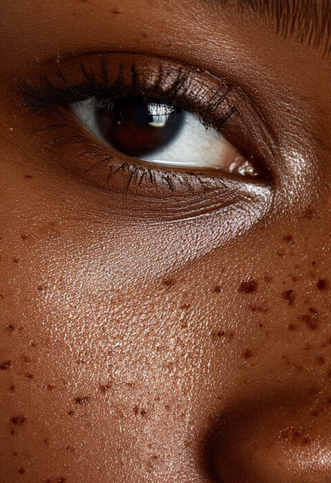 The original portrait at the eye and freckled cheek, the widest of the three framings